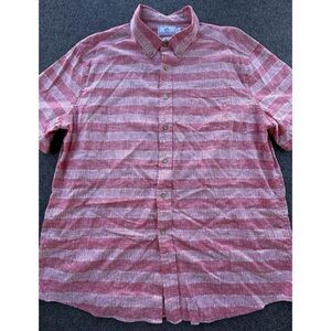 Southern Tide Shirt Mens X-Large Pink Coral Striped Button Up Short Sleeve Linen
